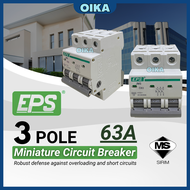 [SIRIM] EPS 3 Pole MCB 10-63 AMP Electric Miniature Circuit Breaker DIN Rail Installation