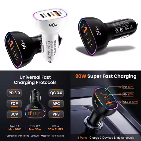 90W USB C Car Charger Fast Charging Multi Port Dual PD 30W Type C USB A 30W Power Adapter for Laptop