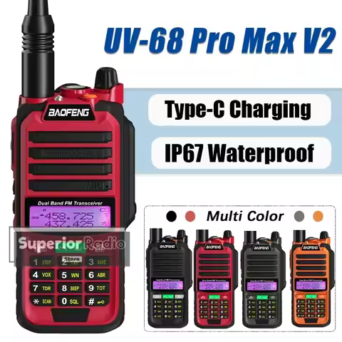 Baofeng UV-68 Pro Max V2 Walkie Talkie VHF UHF Long Range FM IP67 Waterproof High Capacity LED Flash