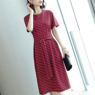 Half-sleeved Striped Summer Plus Size Mother's Wear 2024 Loose Women's Dress Fat mm Mid-Length T-Shirt Dress