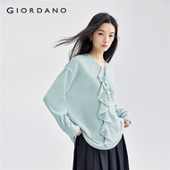 GIORDANO Women Shirts Button-Embellished Ruffle Patchwork Shirts V-Neck Long Sleeve Gentle Fashion C