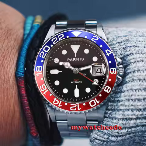 PARNIS MINGZHU 3804 GMT Mechanical Watch Men Polish Steel Band