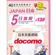 Happy 日本 Docomo 日本5日4G 全無限(不降速)上網卡數據卡Sim卡電話咭data