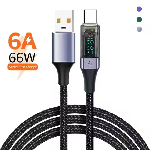 6A USB C Cable PD 66W Digital Display A to C Data Cord 0.5M/1M/2M Quick Charge Type-C Charging Line 