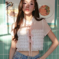 LUCA STUDIO_Yujin crop top (M L Send 5g.p.)- 3d Rose Embroidery Wrinkled Chiffon White-Pink Short Sl