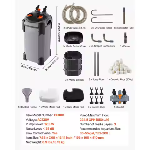 224.5GPH Canister Filter, 3-Stage External Aquarium Filter with Powerful Pump, Quite Water Circulati