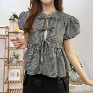 Shevera (Real Picture) Jane Top Striped Women's Top Coquette Blouse Korean Ribbon Top Coquette Top W