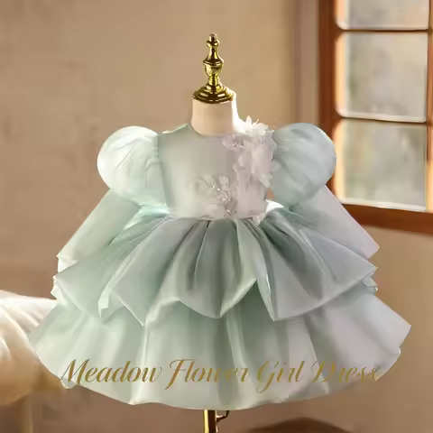 Meadow Pastel Mint Green Princess Girls Dress Round Neck First Communion Gown with 3D Floral Childre