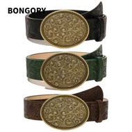 BONGORY Western Cowboy Belt, Retro PU Leather Carved Buckle Embossed Belt, Fashion Vintage Y2K Punk 