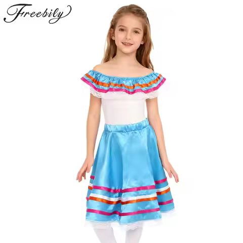 Chilren Girls Colorful Traditional Mexican Dress Mexico Carnival Dance Party Outfit Fancy Dress Folk