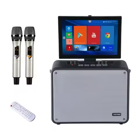 2025outdoor indoor karaoke video speaker trolley wooden speaker WIFI with LED screen wireless microp