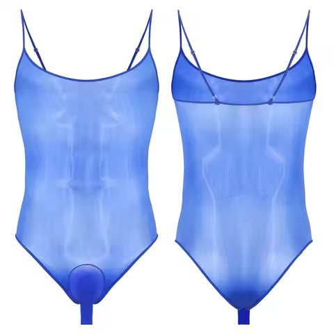Mens Glossy See Through Mesh Bodysuit Opening Sheath Pouch High Cut One-piece Leotard Bathing Suit f