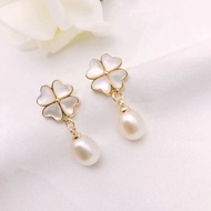 S925 silver needle natural freshwater rice pearl pendant four-leaf clover temperament earrings for women