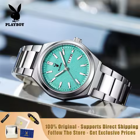 PLAYBOY 3110 Brand Genuine Stainless Steel Strap Double Calendar Men's Quartz Watch