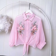 Begonia Boutique Summer Chiffon Blouse - Sunscreen Top with Embroidered Rose & Lace-Up Design