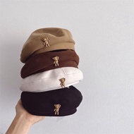 Autumn Winter Warm Kids Hat Cute Cartoon Bear Baby Beret Solid Color Korean Ins Girls' Beret Kids Pa