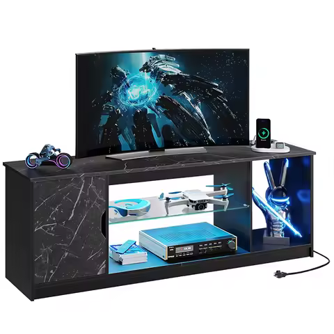 57" Gloss Black Media Console - Gaming TV Stand for 65 Inch TV, Entertainment Center for PS5,Adjusta
