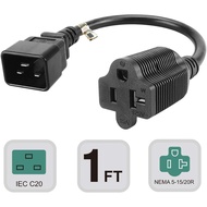 1-Foot IEC 320 C20 Male to Nema 5-15/20R Comb Adapter Cable,C20 16Amp to T Blade 20Amp AC Cable, 16A