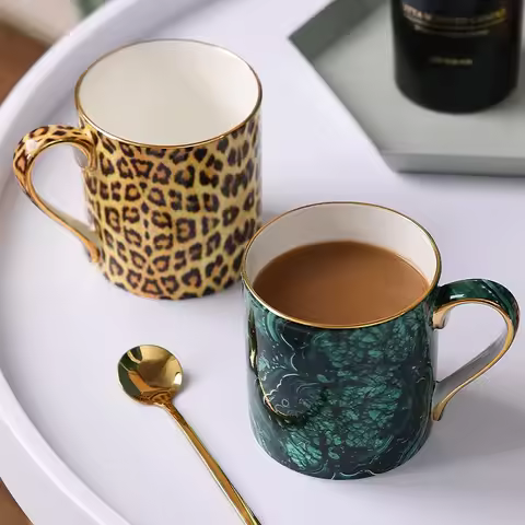 Leopard Print Bone China Coffee Cup Luxury Porcelain Tea Cup High-grade Ceramic Emerald Mug Cafe Esp