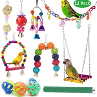 12pcs Pack Bird Toy Cage Bird Accessories Wood Parrot Toys Bird Toy Swing Suspension Bridge Ball Cage Bells Pet Supplies Set