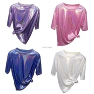 CH* Women s Short Sleeve T-shirt Summer Crew Neck Tee  Glitter Shiny Party Blouse