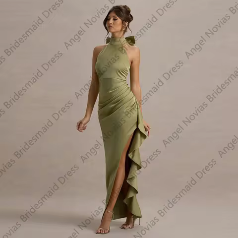High Neck Sage Green Bridesmaid Dresses Ruffles Wedding Guest Dress with Split For Woman Sheath Eleg