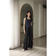 Atvezzo Clara Zipper Pants Black Scuba Satin Premium Cutbray Women's Highwaist Loose Stripe Flared E