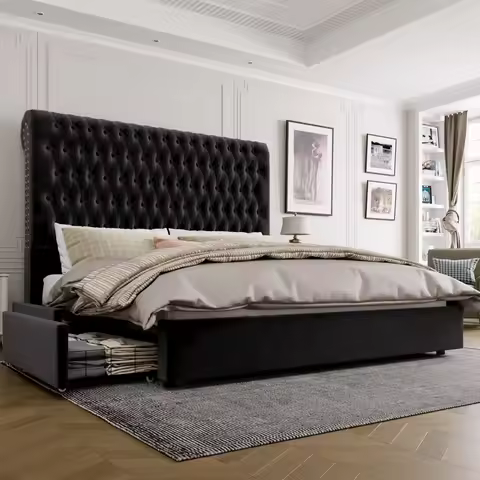 King Size Bed Frame 55" Tall Headboard with Gorgeous Button Tufted and Nail, 4 Under-bed Storage Dra