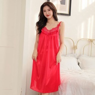 Plus Size Sleepwear ( fit till XXL) Comfortable Long Luxury Satin Pyjamas straped Nightdress Simple Baju Tidur Wanita