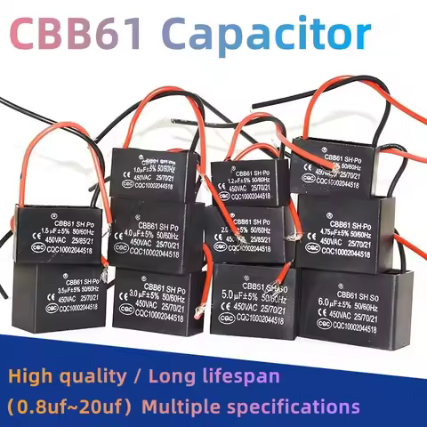 CBB61 450V Start Capacitor 0.8uf/1uf/1.5/1.8/2/2.5/3/4/5/6/7/8UF/10/12/15/18/20 UF Fan Ceiling Exhau