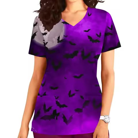 Halloween Womens Nursing Scrub Tops Working Uniform Summer Short Sleeve V Neck Pocket Workwear Blous
