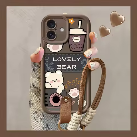 Wrist Chain Lanyard Phone Case For Redmi Note 14 Pro Xiaomi Poco x7 Pro Lovely Bear Hang Strap Soft 