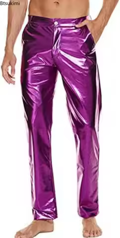 2026 Men's Vintage Disco Pants Shiny Metallic Glossy Casual Long Pants Hip Hop Streetwear Crazy Part