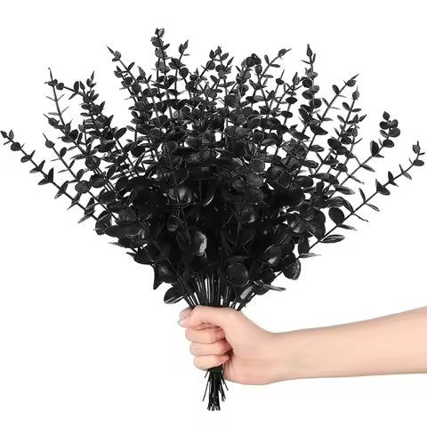 7 Branches Artificial Black Eucalyptus Leaves Plastic Plants Persian Fern Halloween Fake Flower Bouq
