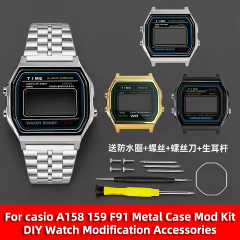 For Casio F91W Metal Case Mod Kit - Full Stainless Steel Bezel & Glass A158/A159, DIY Watch Modifica