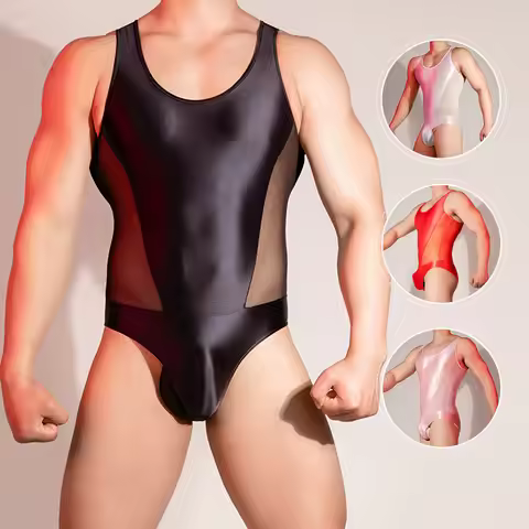 Men Bodysuit Oil Shiny Glossy Sheer High Elastic Breathable Muscles Lingerie Men'S Body Sculpting Un