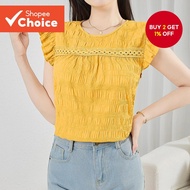 Women Casual Plain Jacquard Lace Ruffle Spring/Summer Yellow Blouse L134ED448