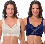 Women's Plus Size Minimizer Lace Full Coverage Unlined Wireless Bra-2Pack-NAVY,WHITE-48DD