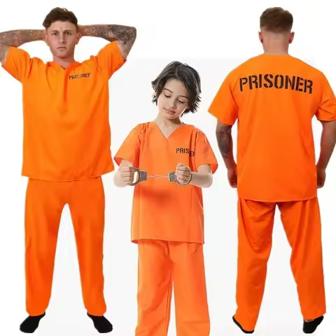 Cosplay Orange Adult Inmate Costume Prisoner Jumpsuit Jailbird Outfit for Halloween Christmas Men Ja