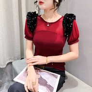 YIMEI เสื้อยืดผู้หญิงสีดำไซส์ใหญ่ใหม่เสื้อคอกลมสไตล์เกาหลีแขนพองมีขอบแบบแฟชั่น Auricularia ใหม่ฤดูร้อน