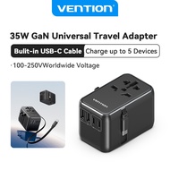 Vention Universal Travel Adapter 65W 35W GaN 4-Ports Travel Charger USB A USB C Charger Built in Cab