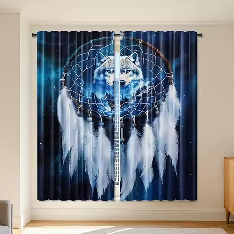 Set of 2 Curtains Featuring a Digital Print of a Vintage Bohemian Moon Dream Catcher, a Wolf King, A