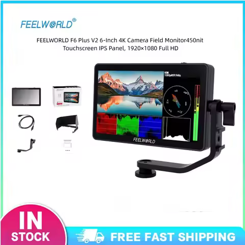 FEELWORLD F6 Plus V2 Camera Field Monitor Touchscreen 19201080 450nit Sunshade Tilt Arm DC Power Out
