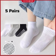 5 Pairs Kids School Socks Non-Slip Mid-Tube Cotton Socks for Boys Girls Breathable Solid Color Sport