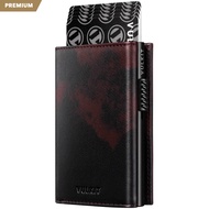 Vulkit-Card Holder Genuine Leather Side Slider Mechanism Back Zipper Slot Magnetic Strip Closure Tri