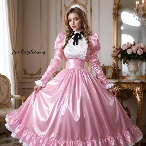 Shiny Pink Satin Victorian Prom Dress Puff Long Sleeve Ruffle Cuff Square Ruffle Neck Tiered Ruffle 