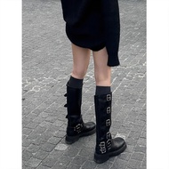 XUJIA | Giày Boots Cowboy Dài Màu Đen Phong Cách Retro cho Nữ