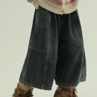 藍灰色 舊牛仔漫記 七分加絨牛仔褲 高腰寬鬆百搭復古闊腿寬褲