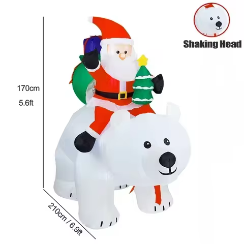 5FT 1.7M Christmas Seasonal Inflatable Light-Up Santa Claus Riding a Polar Bear Holding a Christmas 