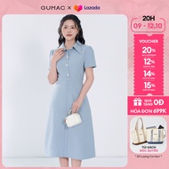 Đầm nữ dáng A cổ sơ mi vải carolan xược phối chỉ nổi thời trang GUMAC DF06011